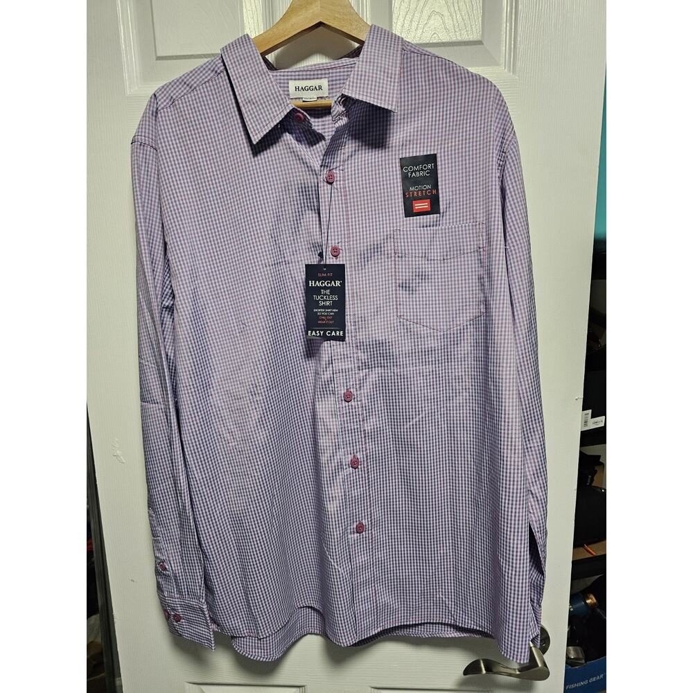 Haggar Shirt Mens XL Purple/Blue Check Button Up Tuckless NWT